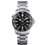 schwarze Taucherarmbanduhr mit Metallband