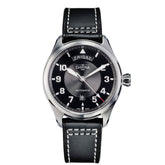 schwarze Automatikarmbanduhr mit Tagesanzeige und Lederband