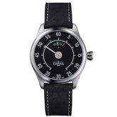 schwarze Armbanduhr mit tachoähnlichem Zifferblatt und Lederband