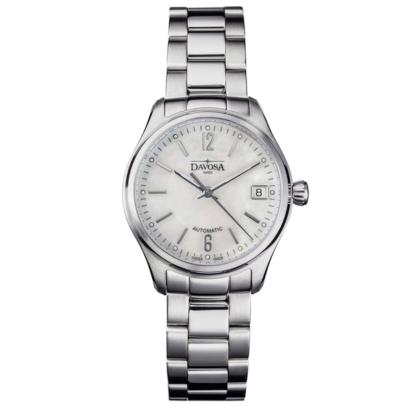 weiße Armbanduhr mit Perlmutt und Metallband für Damen