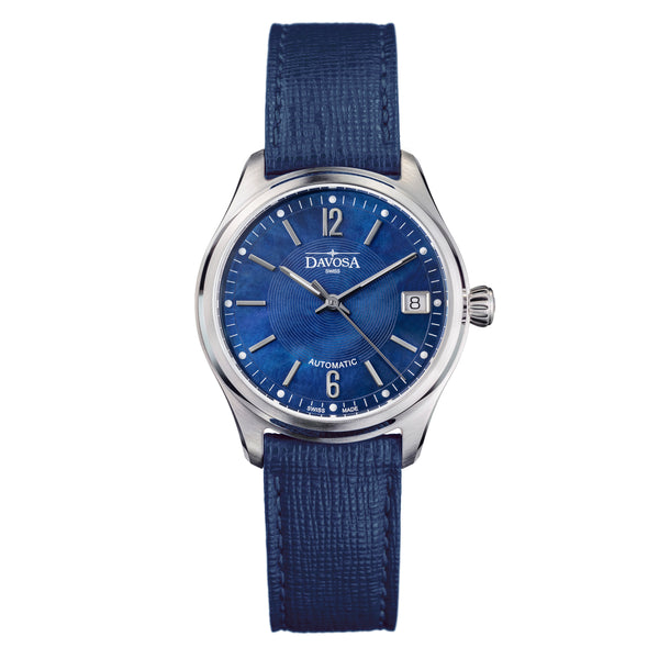 blaue Armbanduhr mit Perlmutt und Lederband für Damen