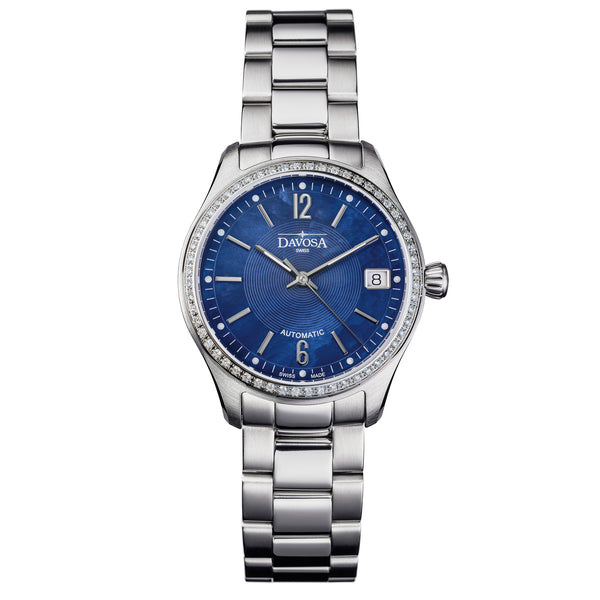 blaue Armbanduhr mit Perlmutt, Diamanten und Metallband für Damen