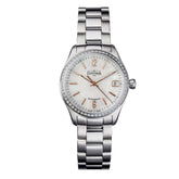 weiße Armbanduhr mit Perlmutt, Diamanten und Metallband für Damen