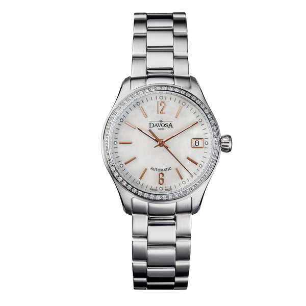 weiße Armbanduhr mit Perlmutt, Diamanten und Metallband für Damen