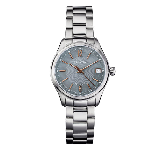 graue Armbanduhr mit Perlmutt und Metallband für Damen