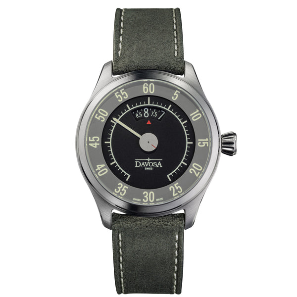 graue Armbanduhr mit tachoähnlichem Zifferblatt und Lederband