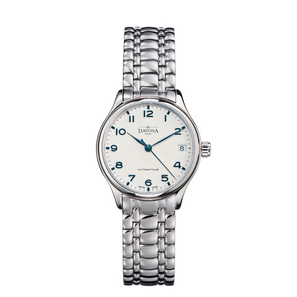 weiße Armbanduhr mit Metallband für Damen