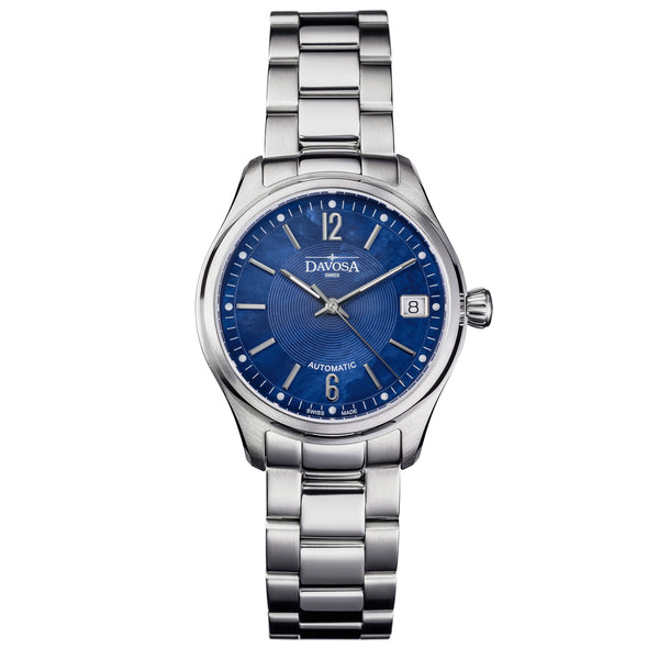 blaue Armbanduhr mit Perlmutt und Metallband für Damen