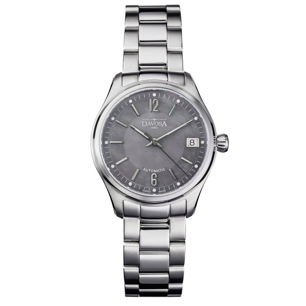 graue Armbanduhr mit Perlmutt und Metallband für Damen