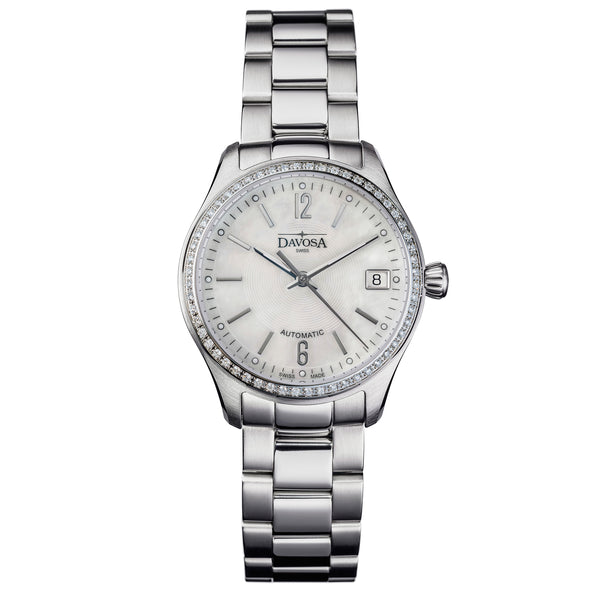 weiße Armbanduhr mit Perlmutt, Diamanten und Metallband für Damen