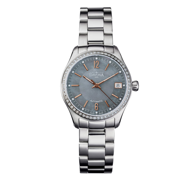 graue Armbanduhr mit Perlmutt, Diamanten und Metallband für Damen