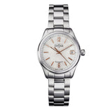 weiße Armbanduhr mit Perlmutt und Metallband für Damen